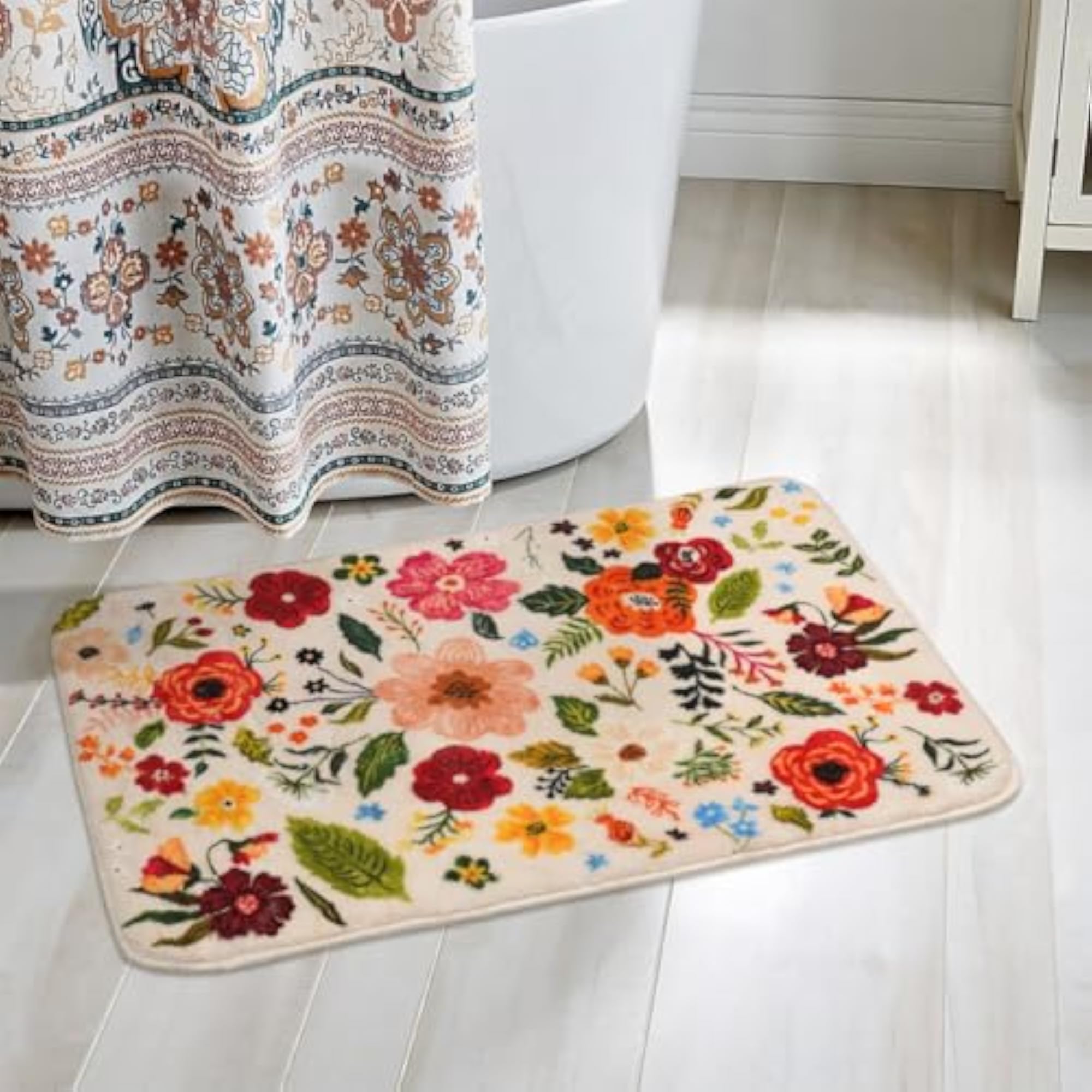 Floral Bath Mat 27x17, Soft Washable Rug