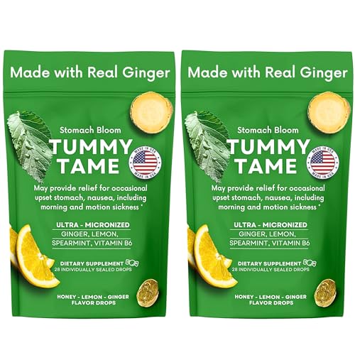 Image of Tummy Tame Drops - 3X Better Absorption | Herbal Relief for Occasional Indigestion, Bloating, Gas, Nausea, Upset Stomach | Ginger, Lemon, Spearmint & B6. Individual Drops, (Pack of 2)