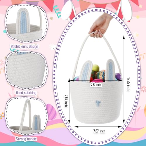 Image of Beeveer 6 Pack Easter Baskets with Handle Woven Bunny Egg Hunt Basket with Rabbit Ears Print Bags Empty Easter Treat Bag Cotton Woven Egg Box for Gifts Party Decorations Favors(Colorful)