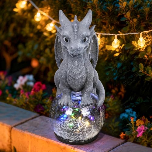 Loungelore Dragon Garden Statue with Solar Crackle Glass Ball - Gothic Outdoor Decor for Patio & Yard - Mystical Dragon Guardian Figurine Fantasy Gift for Men & Dragon Lovers