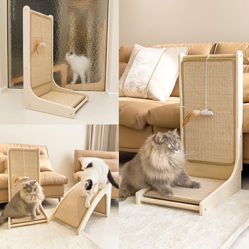 Image of PETKARAY Cat Scratcher, Sisal Cat Scratch Pad, L Shape Cat Scratching Board for Indoor Cats, Floor Mounted Scratcher with Mouse Toy Catnip