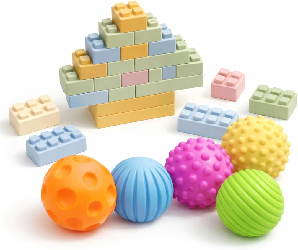 26PCS Textured Sensory Balls & Soft Silicone Building Blocks, Montessori Stacking Toy for Babies 6-12 Months, BPA-Free Infant Sensory Toys for Grasping & Early Learning