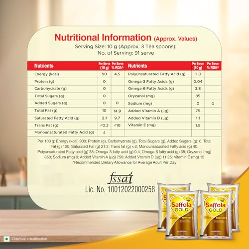 Image of Saffola Gold Refined Cooking oil | Power of 3 - Balance of Good Fats, Triple Anti-Oxidant System & Fortified with Vitamins | Multi-Source Edible Rice Bran & Sunflower Oil | 4 X 1 Litre Jar