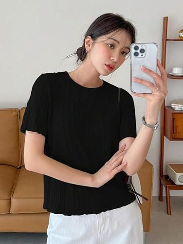 Image of SMOWKLY Women's Polycotton Stylish Regular Fit Ribbed Top || Korean Outfits & Western Style Tees || Crew Neck T_Shirt for Casual & Formal Use (1650_BK_M)