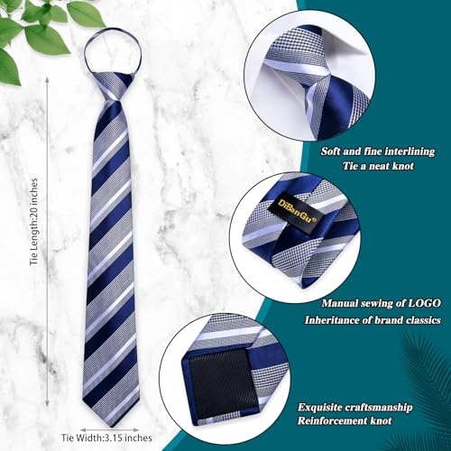 Image of DiBanGu Mens Zipper Tie Silk Pre-Tied Necktie with Gift Box | Jacquard Woven,Paisley Solid Plaid Pattern,6PCS with Pocket Square,Cufflinks and Lapel Pin,for Wedding Party Formal Business