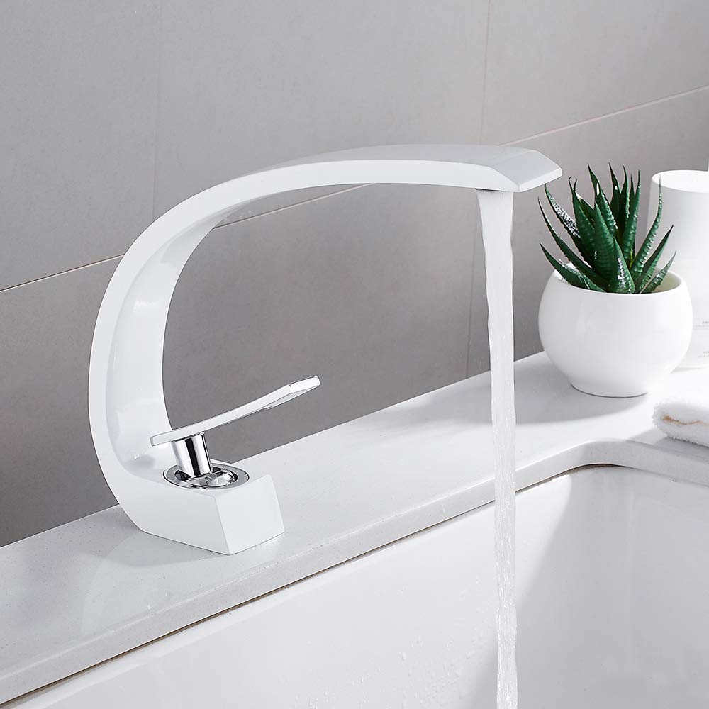 Robinet Évier Vasque Monotrou Élégant Mitigeur Lavabo Cascade Arciforme en Laiton pour Salle de Bain Baignoire (blanc)
