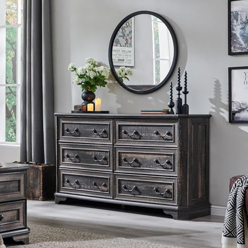 T4TREAM Farmhouse 6 Drawers Dresser for Bedroom, 54\" Wide Wood Rustic Chest of Drawers with Natural Texture, Vintage Design, Storage Dressers Organizer for Bedroom, Living Room, Dark Rustic Oak