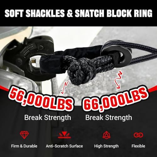 Image of BARTOO Winch Snatch 66000 LB Recovery Ring with 2PCS Soft Shackle 1 /2 inch X 22 Inch Winch Rope, for ATV UTV SUV Truck Off-Road Vehicle Recovery Accessories, Black