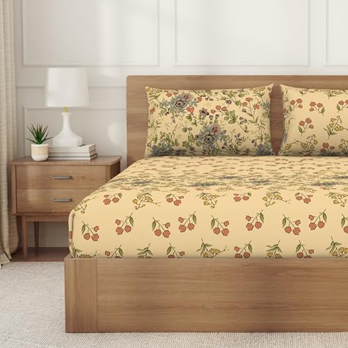 Image of Welspun ENZO Queen Size Fitted Bedsheet with 2 Pillow Covers | 360 Elastic | 100% Pure Cotton | 60 x 78 Inches | Soft, Breathable, Lightweight & Easy Care | Beige