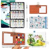 Pocket Aquarell Set, Mini Aquarell Set 24 Farben & Pocket Holz Mischpalette & Sketchbook Mini Aquarell Reise Set Portable Watercolor Palette Set für Künstler, Outdoor Skizze, Anfänger (24 Farben)
