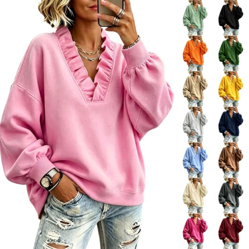 Elneeya Womens Oversized Sweatshirt Vneck Ruffle Retro Fall Sweatshirt - image 1