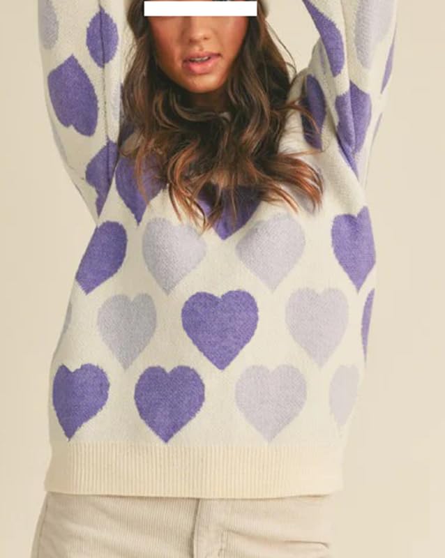 Image of Women Heart Print Knit Pullover Sweater Long Sleeve Round Neck Love Pattern Sweaters Trendy Valentine Knitted Sweater
