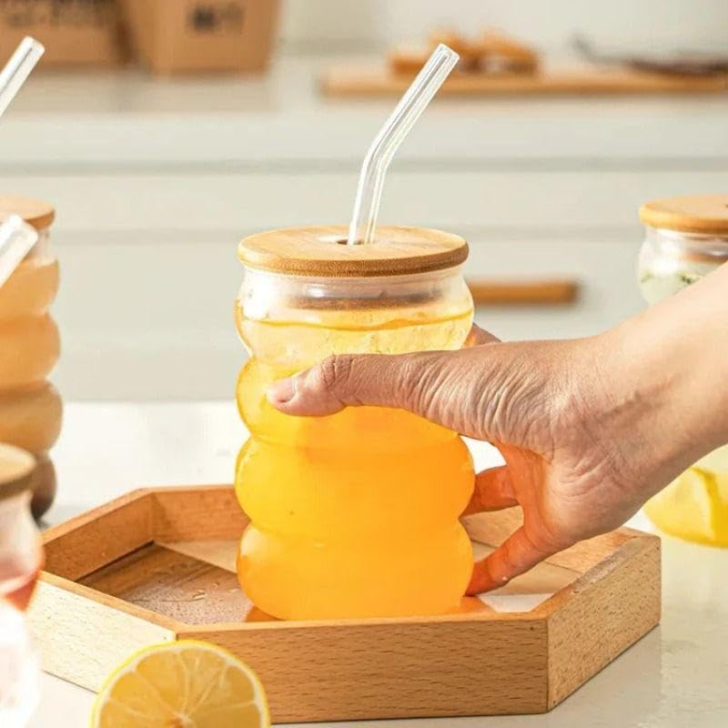 Image of SUANI Bubble Shape Glass Tumbler with Lid and Straw, 500ml Transparent Drinking Glass Cup for Iced Coffee, Cold Coffee, Juice, Smoothies, Milk, Tea and Beverages, Drinking Tumbler Pack of 1