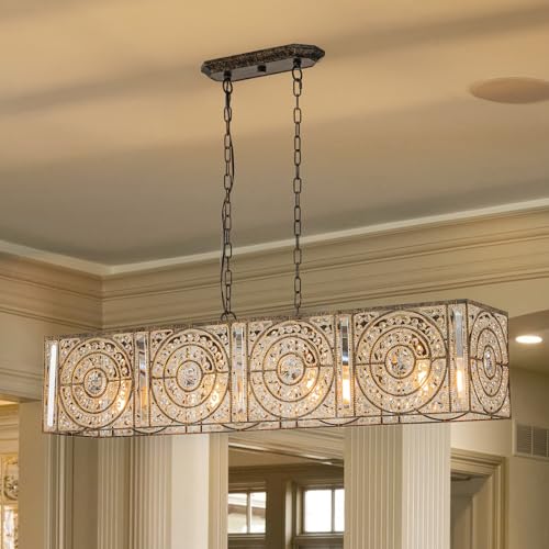 Image of 4-Lights Rectangle Crystal Chandelier for Dining Room, 42.12 inch Vintage Bronze Finish Large Chandeliers for High Ceilings, Flush Mount Pendant Light for Living Room Kitchen Island Bar