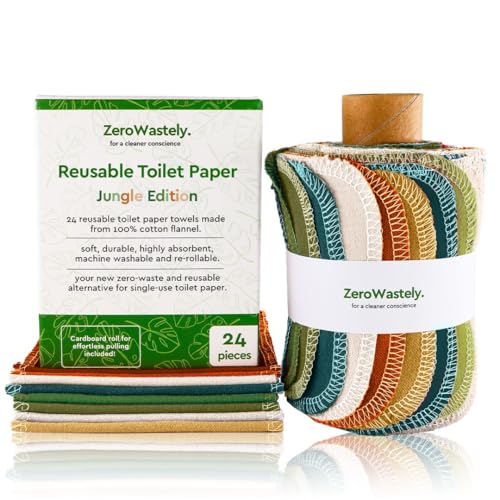 ZeroWastely 24 Reusable Toilet Paper Washable Roll - Bidet Towels Washable Toilet Paper - Cut Back & Waste Less with our Colored Super Soft Absorbent & Re-Rollable Cloth Wipes - Jungle Edition
