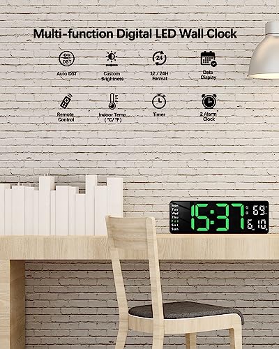 Image of JoFomp Plastic Digital Wall Clock - 13 inch Large LED Display,Loud Alarm,Remote Control,DST,Auto-Dimming,Date and Day,Timer,Temperature - 12 /24H Format - Ideal for Living Room,Green