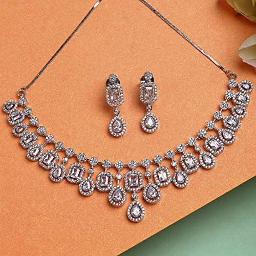 Image of Karatcart Silver Toned American Diamond Studded Jewellery Set for Women