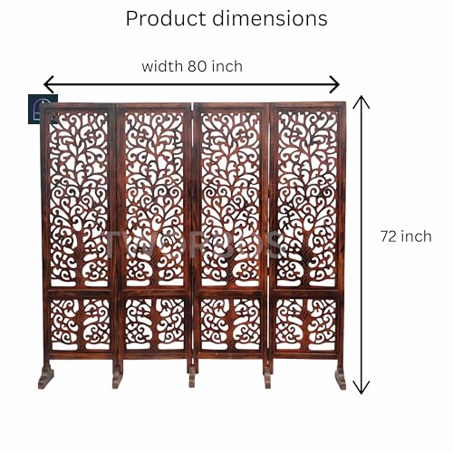 Image of Wooden Room Partition /Screen /Room Divider /Room Separator Traditional Handicrafts 6Ft (Dark Brown) (Tree 4 Panel with Stands)