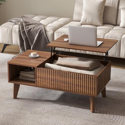 LYNCOHOME Lift Top Coffee Table with Storage Coffee Tables with Drawers Center Table with Hidden Compartment Wooden Coffee Tables for Living Room Home Office Walnut
