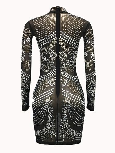 Image of PORRCEY Women's Sexy Elegant Rhinestone Mesh Party Club Night Mini Dress