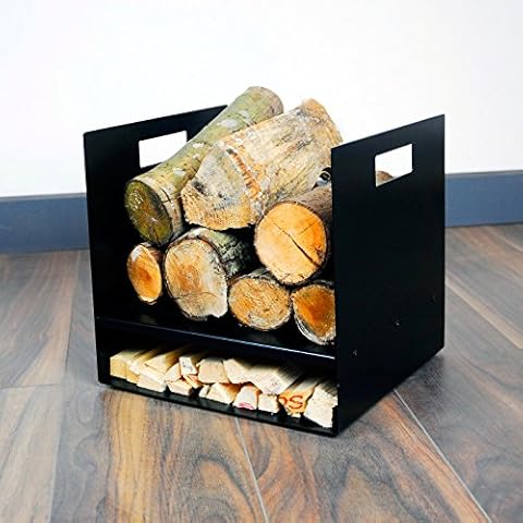 Volcann Compact 32cm Modern Firewood Steel Log Basket/Carrier for Woodstove Fireplace Wood Holder - Great British Made Galvanised Steel - Kindling, Match Storage - Black Cover