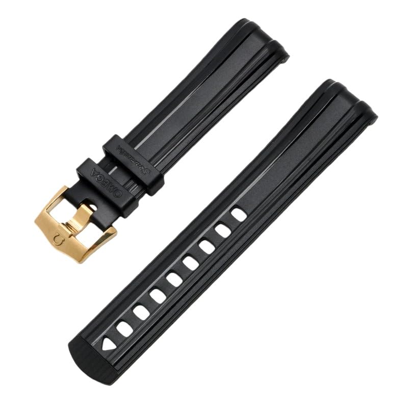 20mm Correa de Caucho de Silicona Extremo Curvo, Repuesto Impermeable para Omega Seamaster 300-Negro + Oro Hebilla