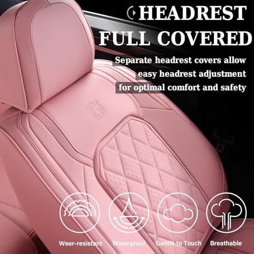 Image of Coverado Car Seat Covers Full Set, Pink Leather Seat Covers for Cars, Universal Waterproof Car Seat Cover, Luxury Front and Back Car Seat Protector, Automotive Seat Covers Fit for Most Cars, Pink