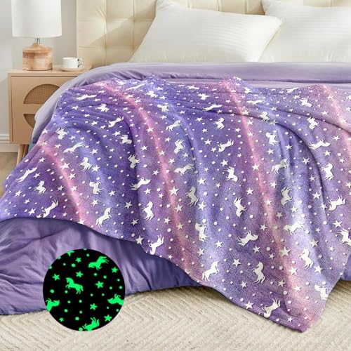 Image of Glow in The Dark Unicorn Blanket for Girls - Super Soft Purple Plush Fleece Throw with Stars and Unicorns - Magical Luminous Gift for Kids, Toddlers, and Teens - 80 inch x 60 inch (Purple)