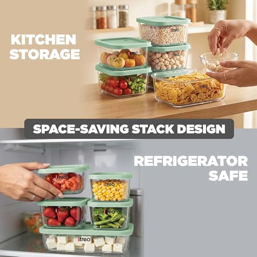 Image of Treo By Milton Nutri Borosilicate Glass Containers for Fridge Storage Set of 6 (2 x 310ml, 2 x 520ml, 1 x 750ml, 1 x 1200ml) I Stackable Glass Container with Lid, Microwave & Dishwasher Safe, Green