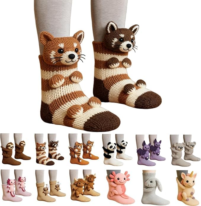 3D Wintersocken Mit Tieren, Novelty Doppellagige Baumwolle Kuschelsocken Winter Warme Stricksocken Für Weihnachten, Funny Niedliche Animal Umarmung Socks Für Unisex Erwachsener Kind Khaki One Size