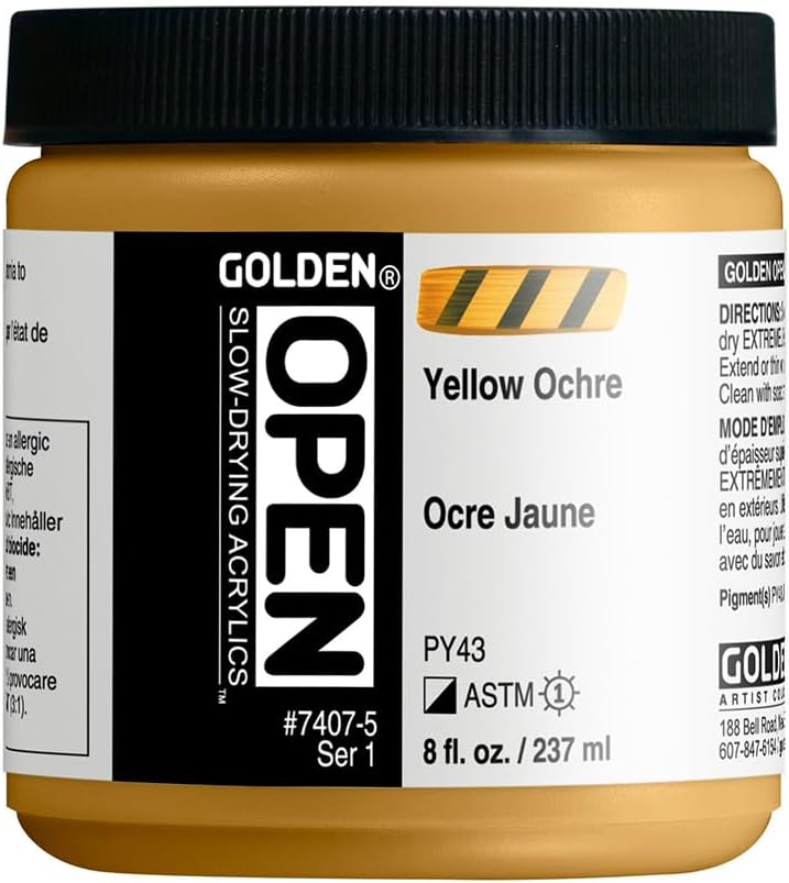 OPEN Slow-Drying Acrylics by GOLDEN, Yellow Ochre, 8 fl oz. Jar, Professional Acrylic Paint, Semi-Opaque