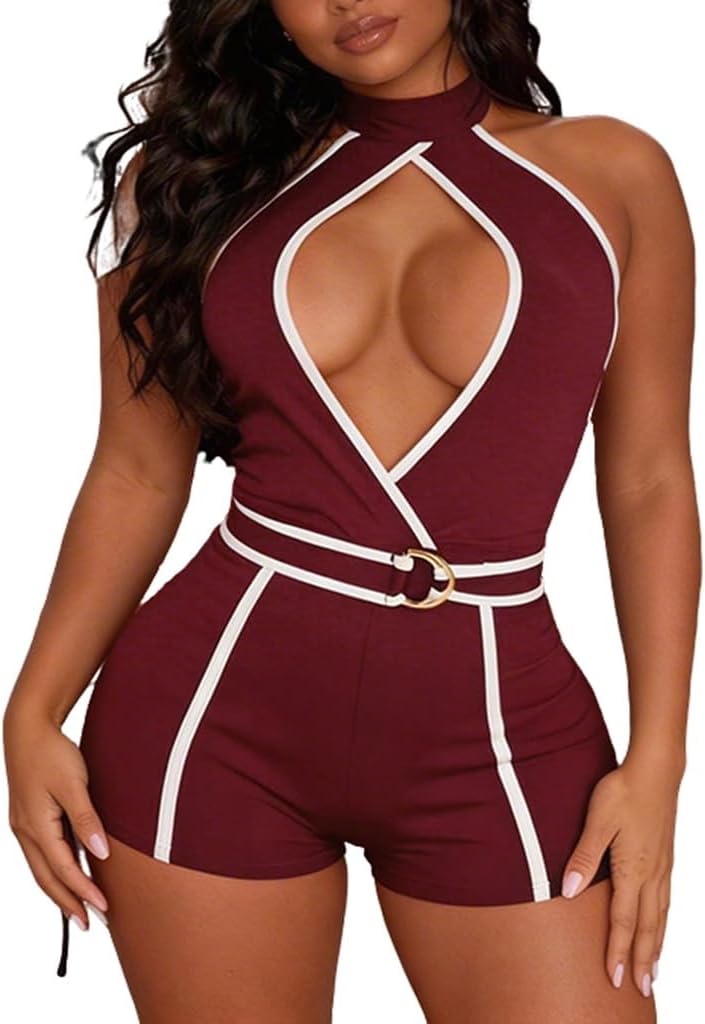 NIFTRIRY Fornt Cut Out Rompers for Women Casual Sleeveless White Trim Romper Summer Outfits
