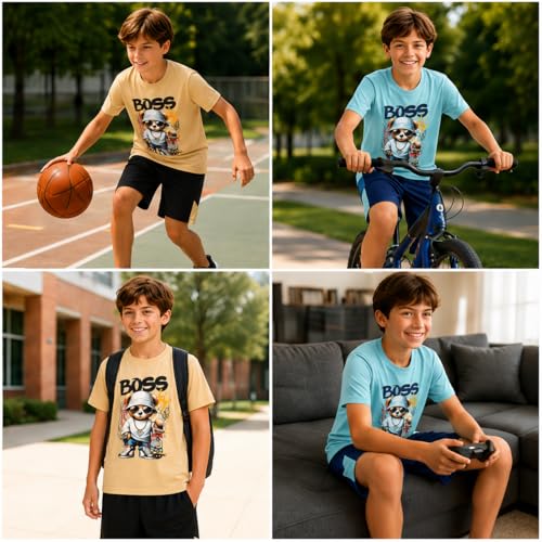 Image of Pro Athlete Boys Shorts Sets - 4 Piece Dry Fit Short Sleeve Crewneck Graphic Tee and Performance Shorts for Boys (Sizes 8-16)