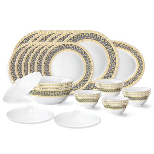 Image of Larah by Borosil Regal Fluted Series Opalware Dinner Set | 31 Pieces for Family of 6 | Microwave & Dishwasher Safe | Bone-Ash Free | Crockery Set for Dining & Gifting | Plates & Bowls | White