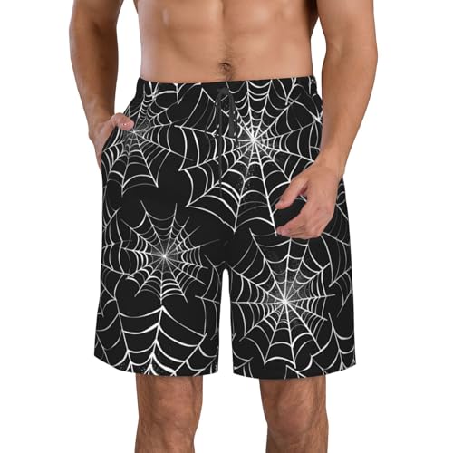 Short de bain Halloween décontracté au motif toiles d'araignée noir et blanc