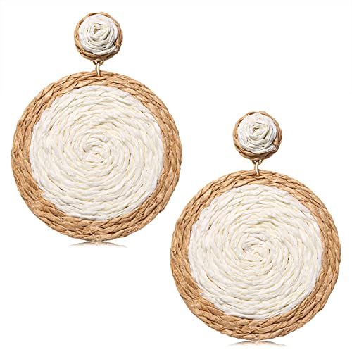 Rattan Earrings Boho Summer Beach Raffia Earrings for Women Handmade Rattan Ball Disc Dangle Drop Earrings Vacation Accessory Gifts (White)