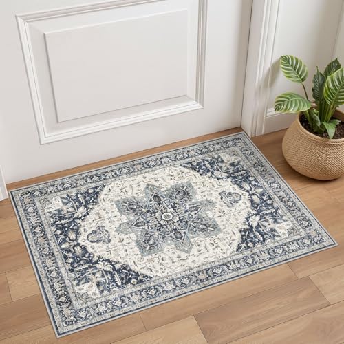 Tortania Area Rug 2x3 Doormat - Washable Vintage Oriental Farmhouse Soft Thin Indoor Carpet for Living Room Bedroom Hallway Entryway Kitchen - Indigo