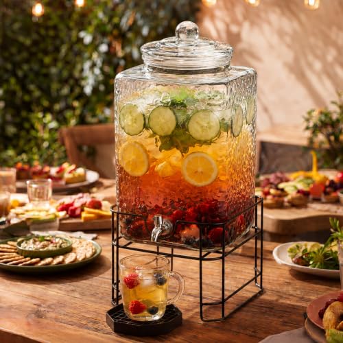 Tiangrid 1 Pack 5 Gallon Drink Dispenser for Parties, Hammered Glass Beverage Dispensers with Stand, Stainless Steel Spigot and Drip Trays, Water Jar Jug for Lemonade, Juice, Party Drinks (Clear)