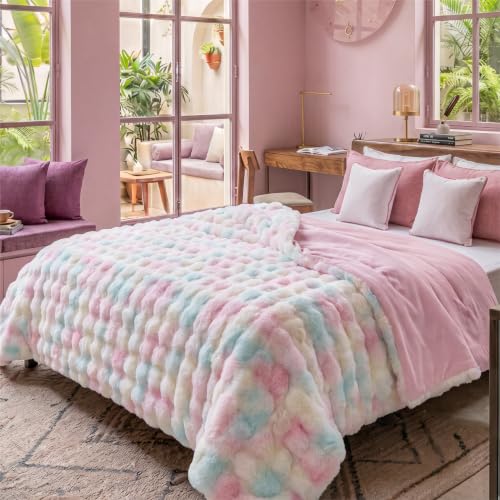 Image of Bedsure Fluffy Bubble Faux Fur King Blanket, 104 inchx90 inch, Tie-dye Rainbow