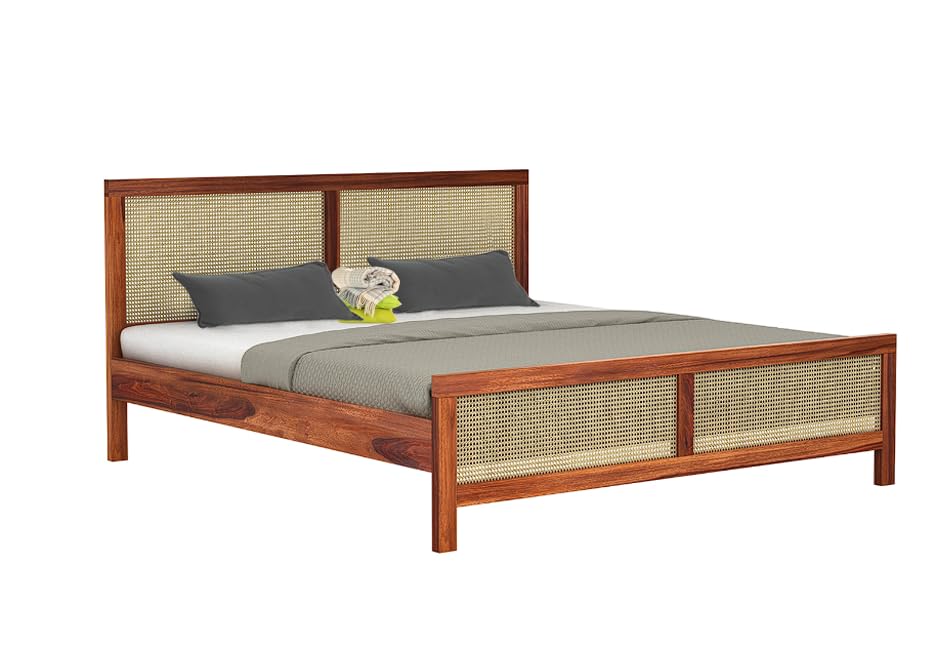 Image of Solid Sheesham Wood Poster King Size Poster Honeymoon Bed Without Storage with Designer Piller and Cane Crafting