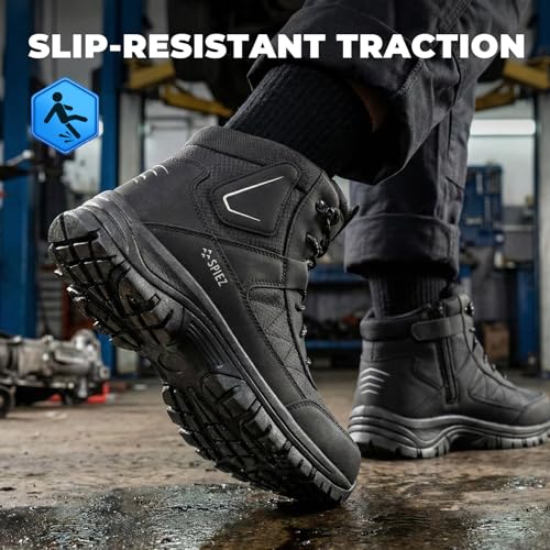 Image of SPIEZ Waterproof Steel Toe Work Boots for Men Slip Resistant Antistatic Safety Shoes High-Top Winter Industrial and Construction Boots Black US 7.5-12