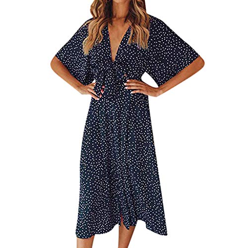 KANGMOON Women's Summer Polka Dot Dress Vintage Boho Short Sleeve Midi Dress Beach