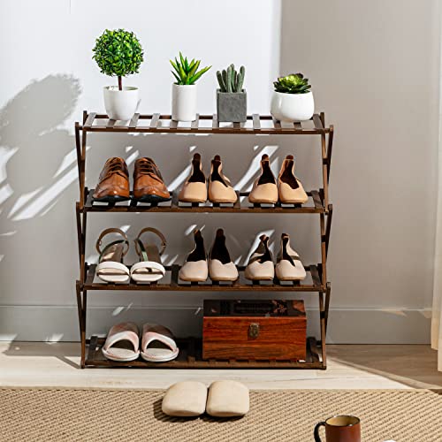 Aleavic Foldable Bamboo Shoe Rack, 4-Tier Shoe Rack, Installation-Free Shoe Rack, Multifunctional Freestanding Shoe Rack For Closet, Entryway, Balcony, Living Room, Bedroom, Brown #TOP1