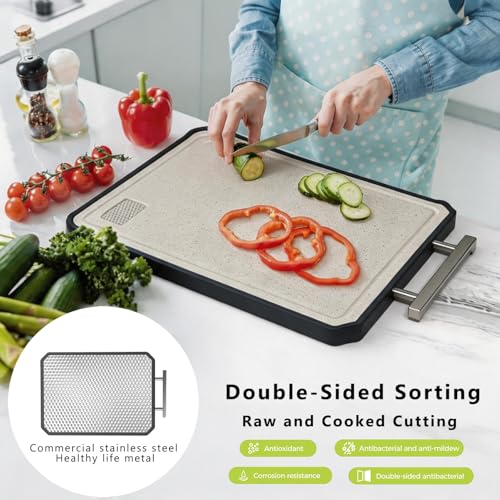 Tabla de cortar de acero inoxidable, grande de 15" × 11", de doble cara para cocina, superficies de acero no tóxico y polipropileno de paja de trigo apto para alimentos, resistente a rayaduras y apta para lavavajillas miniatura 3