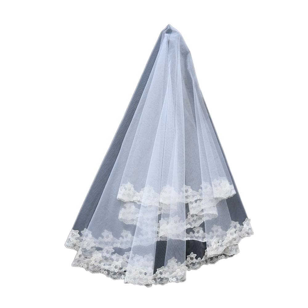 V56 Mode Eleganter Hochzeitsschleier mit gestickten Spitzenapplikationsmotiven Brautschleier mit langem Rouge einstufig Hochzeit (Farbe: gebrochenes Weiß)