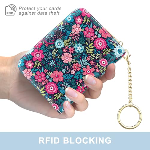 Image of Aiawoxc Credit Card Holder, Small RFID Wallet Slim Leather Card Organizer Case with Zipper and Wristlet Strap, Elegant Flowers