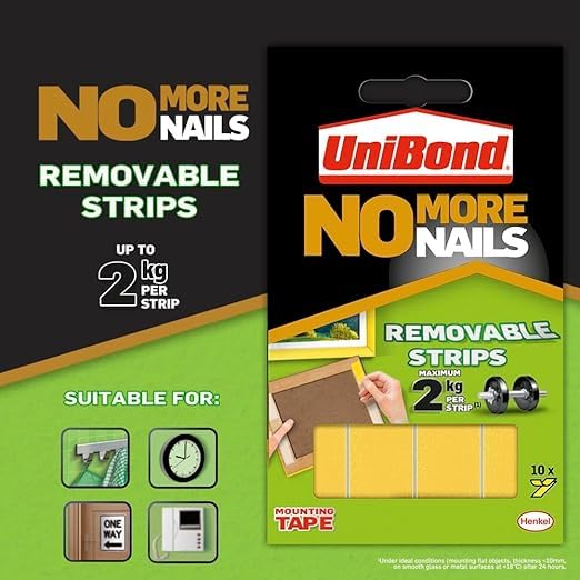 Image of Unibond No More Nails,Removable Adhesive Strips, Double Sided, For Hanging Photo Frames, Hooks, Car Number Plate, Up To 2Kg, DIY, Fast & Easy Mounting Pack Of 10, 9.5 Cm, Multicolour(pack of 4)