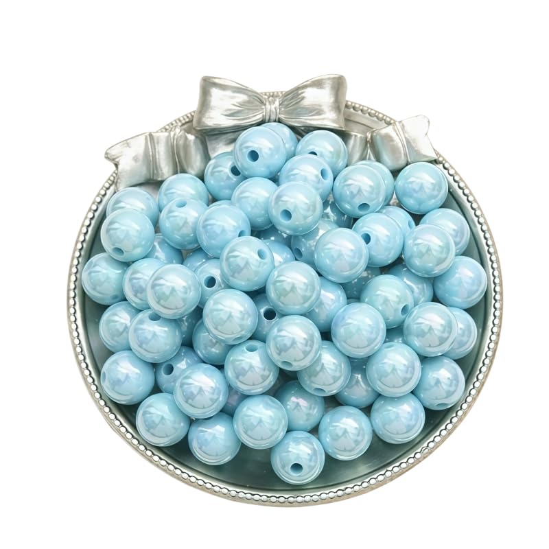 100pcs Light Blue Pearl Beads 10mm Iridescent Craft Beads Acrylic Round Beads for Bracelets DIY Beading Jewerly Making