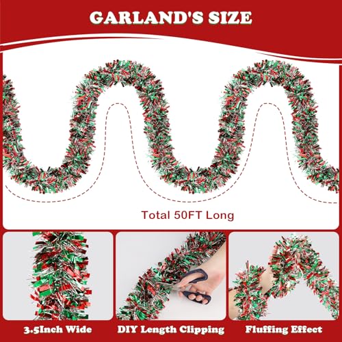 Image of 50FT Christmas Tinsel Garland, Red Green&Silver Metallic Twist Shiny Hanging Garland Ornaments for Christmas Tree, Party Supplies Thick Metallic Xmas Streamers