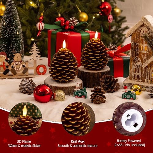 Image of Christmas Flameless Pinecone Candles with Remote, Real Wax Pine Cone Candle